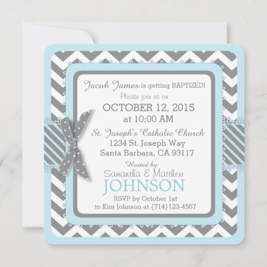 Invitation Cravate Bleu Elephant Bow Chevron Imprimer Baptême (Dos)