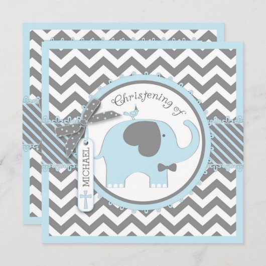 Invitation Cravate Bleu Eléphant Bow Chevron Imprimer Christi (Devant / Derrière)