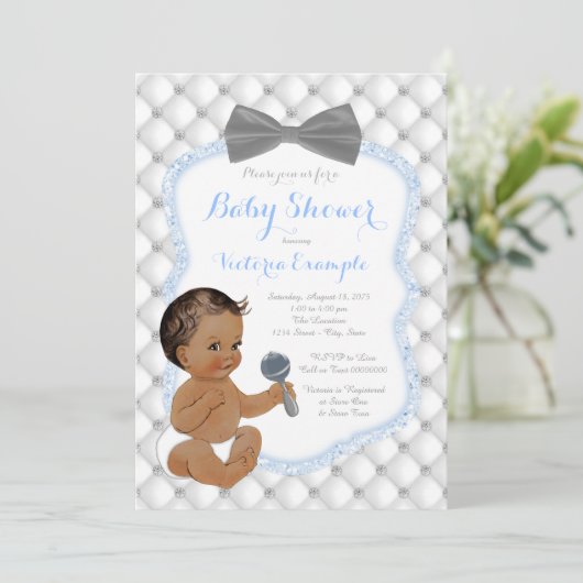 Invitation Cravate Blue Grey Bow Ethnic Bow Baby shower (Debout devant)