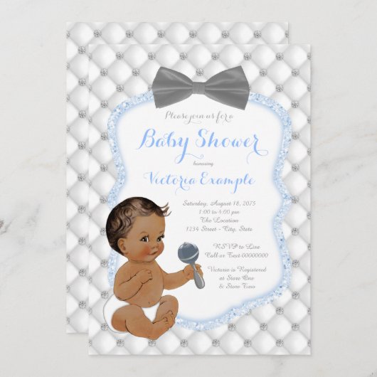 Invitation Cravate Blue Grey Bow Ethnic Bow Baby shower (Devant / Derrière)