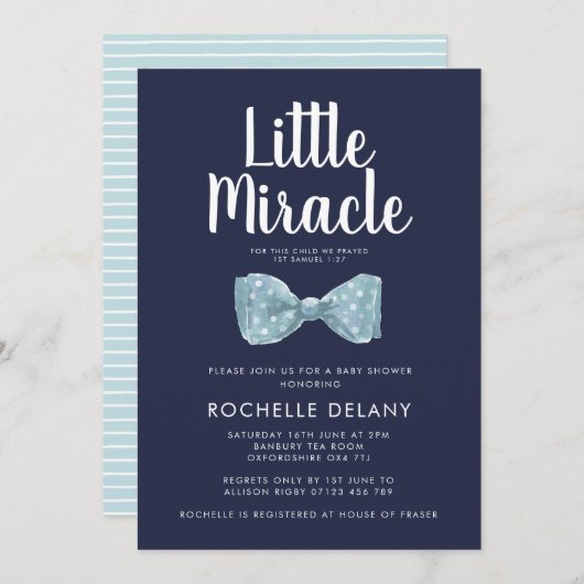 Invitation Cravate Bow Baby shower Blue Little Miracle (Devant / Derrière)