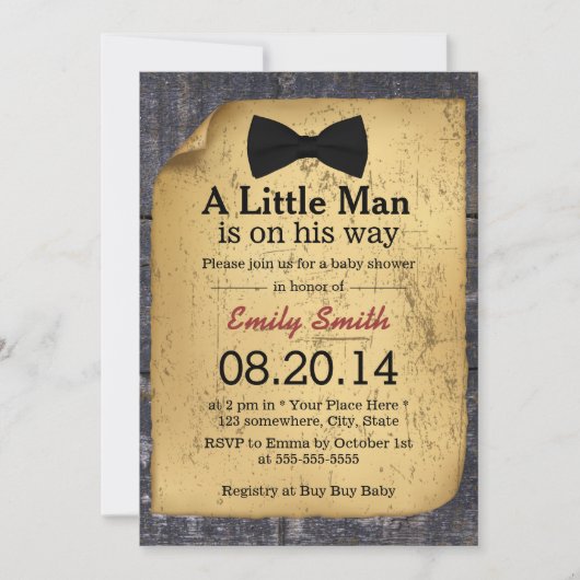 Invitation Cravate Bow Baby shower rustique Bois Bois Bois (Devant)