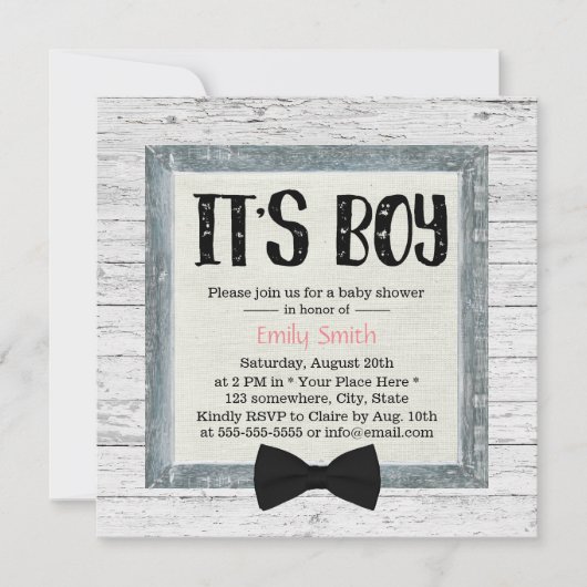 Invitation Cravate Cute Boy Bow Baby shower en bois rustique (Devant)