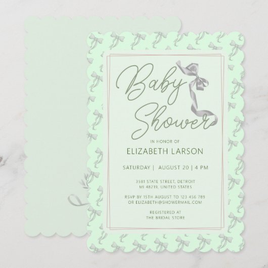 Invitation Cravate douce Coquette Green Bow Baby shower éléga (Devant / Derrière)