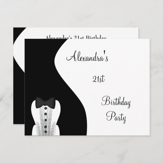 Invitation Cravate noire 21e fête d'anniversaire Noir & Blanc (Devant / Derrière)
