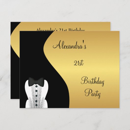 Invitation Cravate noire 21e fête d'anniversaire Noir & Or (Devant / Derrière)
