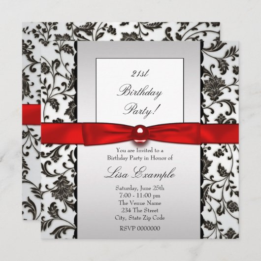 Invitation Cravate noire Damask Femmes fête d'anniversaire (Devant / Derrière)