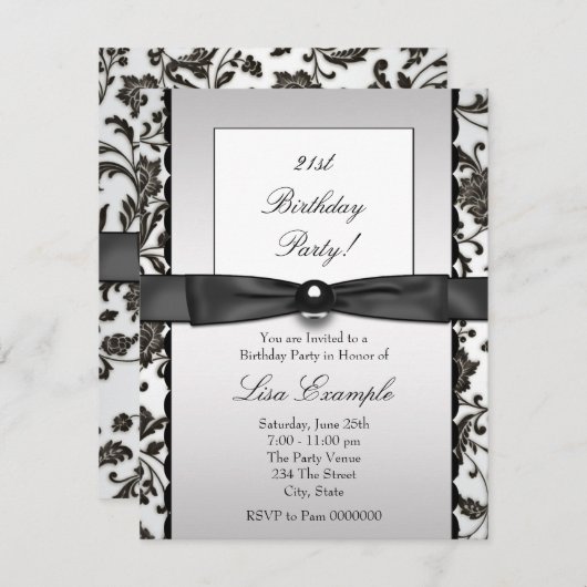 Invitation Cravate noire Damask Femmes fête d'anniversaire (Devant / Derrière)