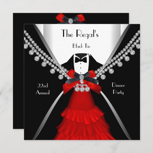 Invitation Cravate Noire Dîner White Red Bow Party (Devant / Derrière)