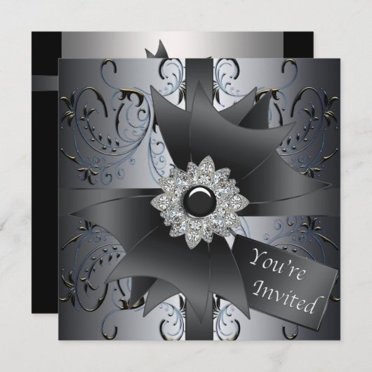 Invitation Cravate noire en argent noir bleu (Devant / Derrière)