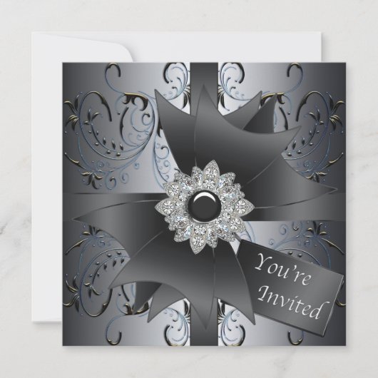 Invitation Cravate noire en argent noir bleu (Devant)