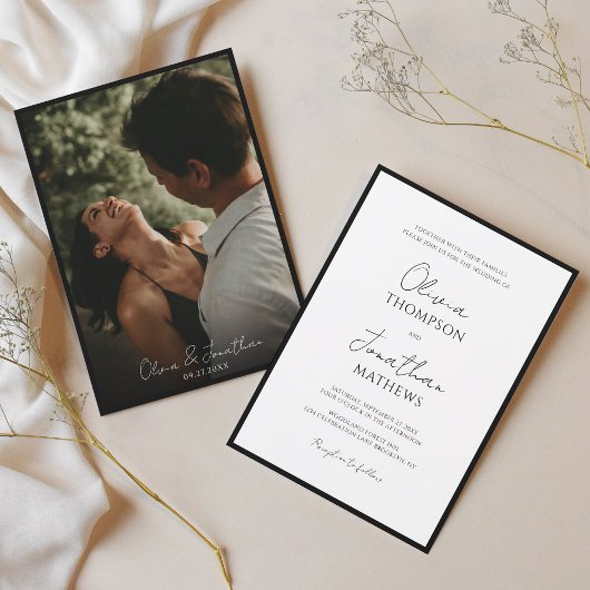 Invitation Cravate noire simple Mariage photo en blanc