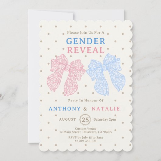 Invitation Cravate pois rose ruban Bleu Bow Genre Révélation (Devant)