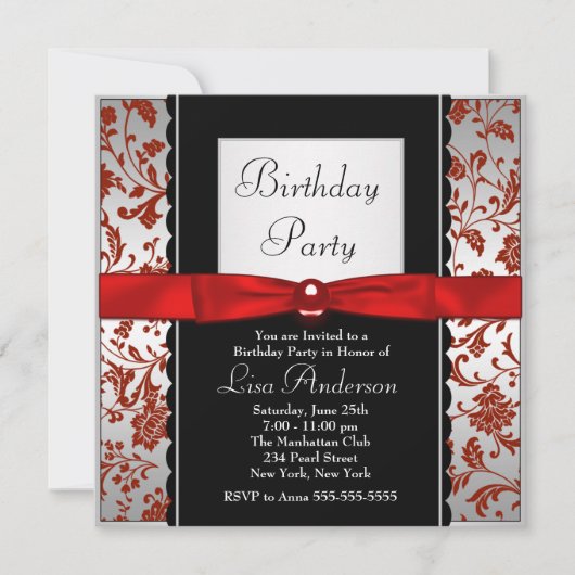Invitation Cravate rouge et noir Bow Damask Anniversaire (Devant)