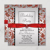 Invitation Cravate rouge et noir Bow Damask Anniversaire (Devant / Derrière)