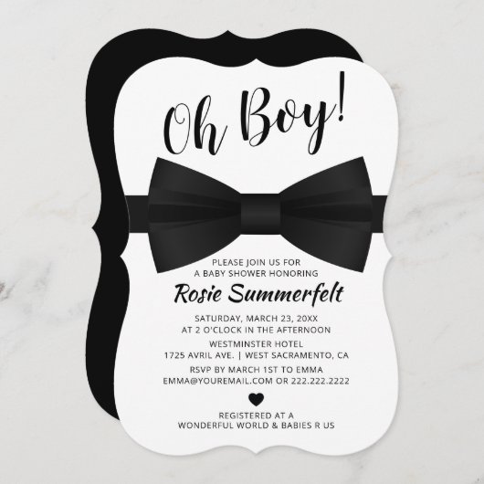 Invitation Cravate simple Bow noir et blanc | BABY SHOWER (Devant / Derrière)