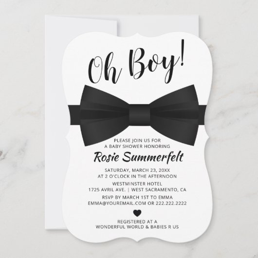 Invitation Cravate simple Bow noir et blanc | BABY SHOWER (Devant)
