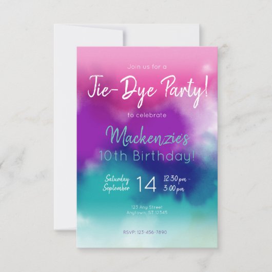 Invitation Cravate-teinture colorée fête d'anniversaire (Devant)