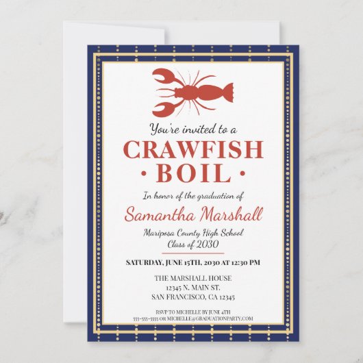 Invitation Crawfish Boil de fruits de mer Blue School Graduat (Devant)