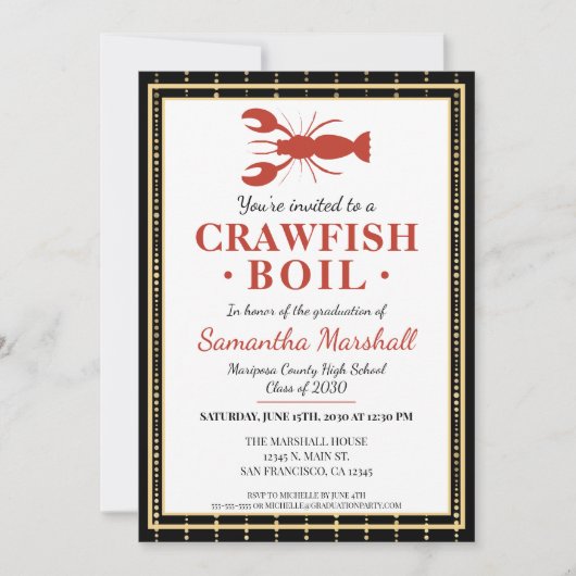 Invitation Crawfish Boil fruits de mer Black Gold Graduation (Devant)