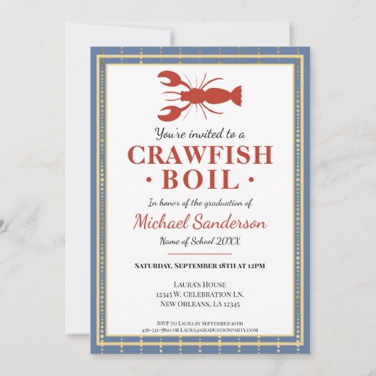 Invitation Crawfish Boil Fruits de mer Blue Graduation Party (Devant)