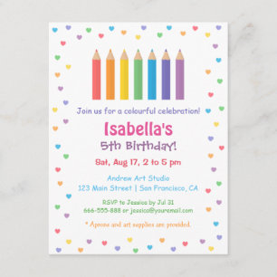 Invitation Crayons de Couleur Coeurs Arc-en-Ciel Arts Anniver