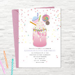 Invitation Crazy Milkshake Candy Cupcake Pink Anniversaire<br><div class="desc">Illustration d'un milk-shake rose fou,  garni de crème fouettée,  d'arroses,  d'un cupcake,  d'une pâtisserie,  d'une sucrerie et d'autres bonbons entourés de confettis.</div>