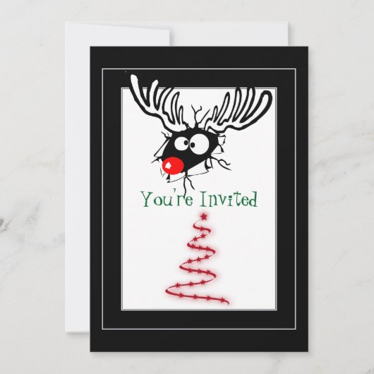 Invitation Crazy Red Noir Reindeer Noël (Devant)