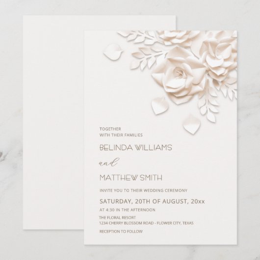 Invitation Cream 3D Flowers Roses Simple Wedding (Devant / Derrière)