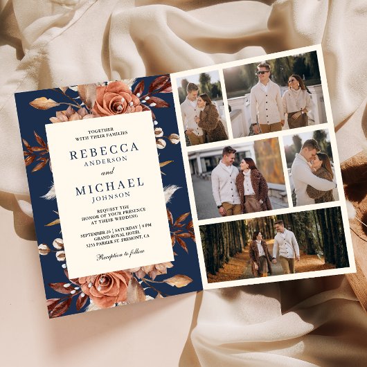 Invitation Cream and Terracotta Floral QR Code Navy Wedding