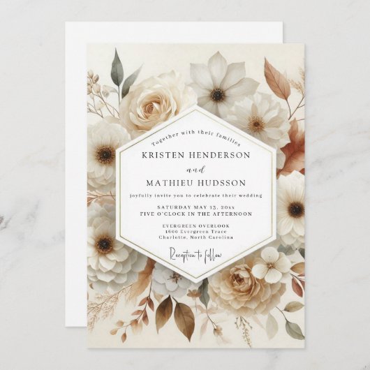 Invitation Cream Bloom Romance Wedding (Devant / Derrière)