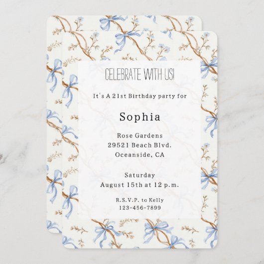 Invitation Cream Blue Bows (Devant / Derrière)