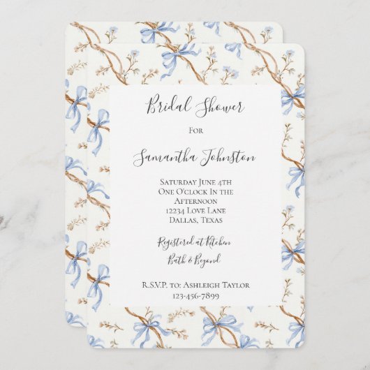 Invitation Cream Blue Bows (Devant / Derrière)