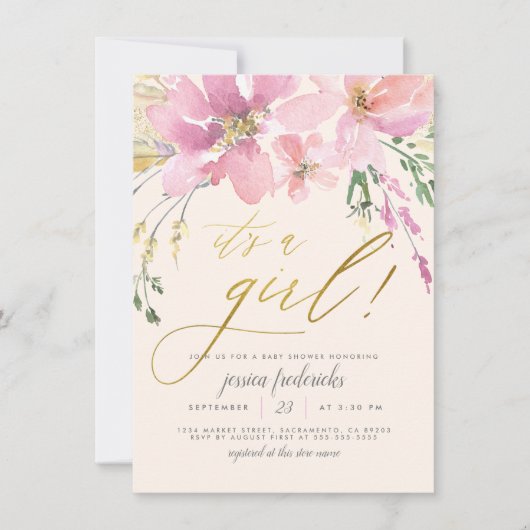 Invitation Cream Blush & Gold C'est une fille Baby shower flo (Devant)