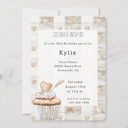 Invitation Cream Boho Hearts Cupcake Anniversaire   (Devant)