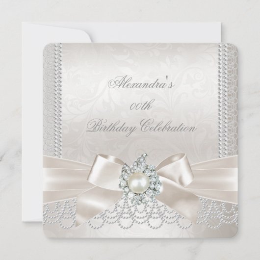 Invitation Cream Bow Pearl Damask Diamond Anniversaire (Devant)