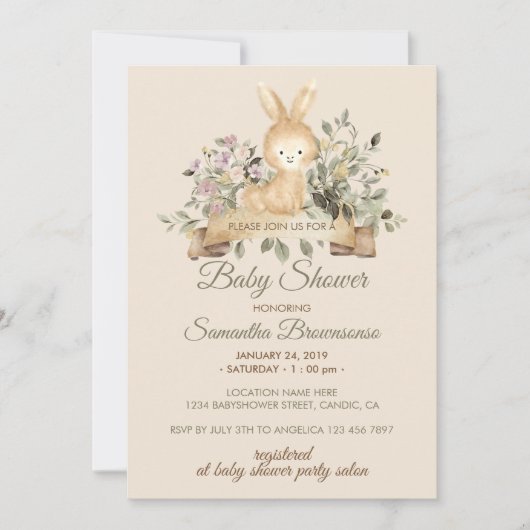 Invitation Cream Bunny Rabbit Botanical Floral Baby Shower (Devant)