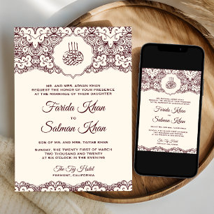 Invitation Cream Burgundy Dentelle musulmane Mariage musulman