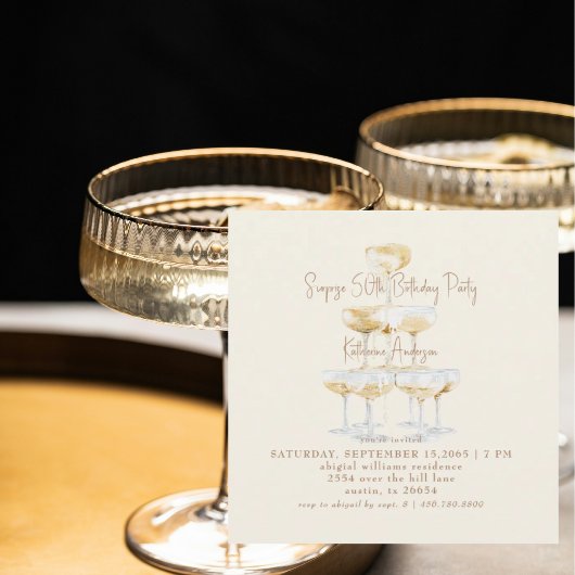 Invitation Cream Champagne Square Surprise 50th Birthday