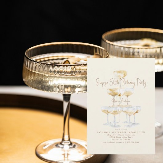 Invitation Cream Champagne Tower Surprise 50th Birthday Party