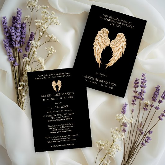 Invitation Cream Delicate Angel Wings Design Funeral Memorial