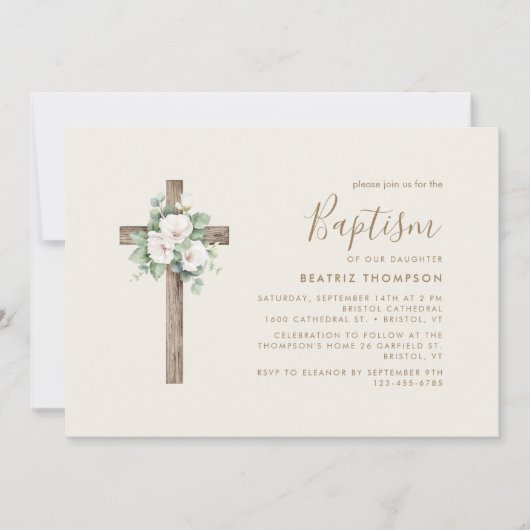 Invitation Cream Flowery Cross Script moderne Baptême (Devant)