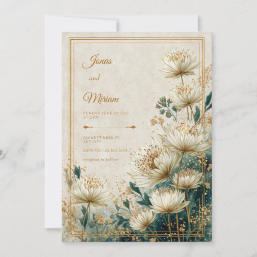 Invitation Cream Gilded Astrantia Teal Watercolor Wedding (Devant)