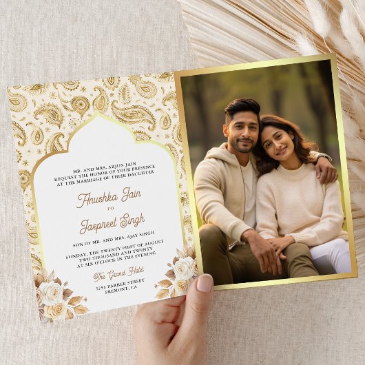 Invitation Cream Gold Paisley Floral QR Code Mariage indien