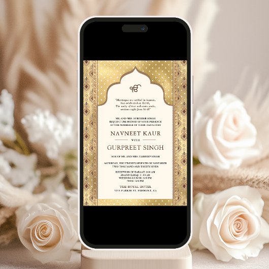 Invitation Cream Gold QR Code Anand Karaj Sikh Mariage