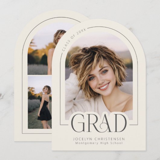Invitation Cream Gray Modern Photo Collage Grad Announcement (Devant / Derrière)