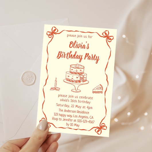 Invitation Cream Hand-Drawn Cake & Ribbon Border Birthday 