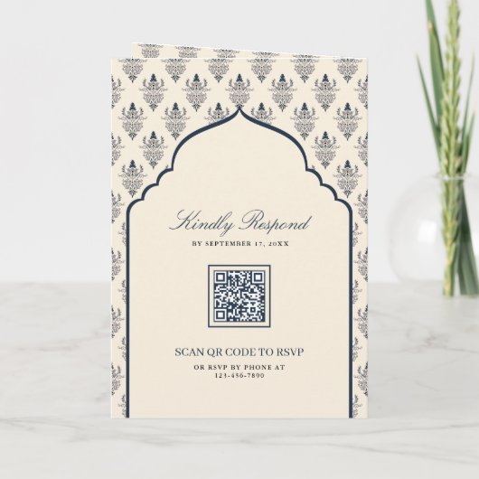 Invitation Cream Navy Blue Ikat All in One Mariage indien (Dos)