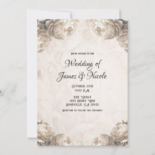 Invitation Cream Peony Flowers Vintage Rustic Mariage (Devant)