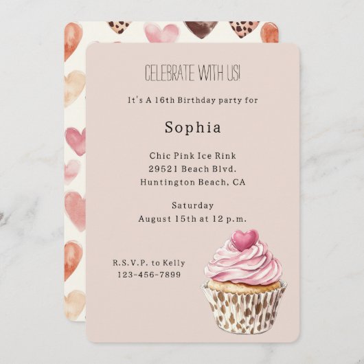 Invitation Cream Pink Heart Cupcake Leopard Birthday (Devant / Derrière)